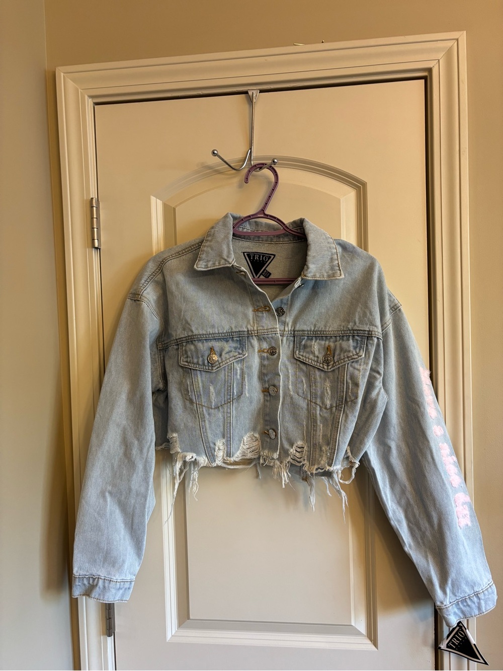 Trio Light Blue Distressed Cropped Denim Jacket Size S/M